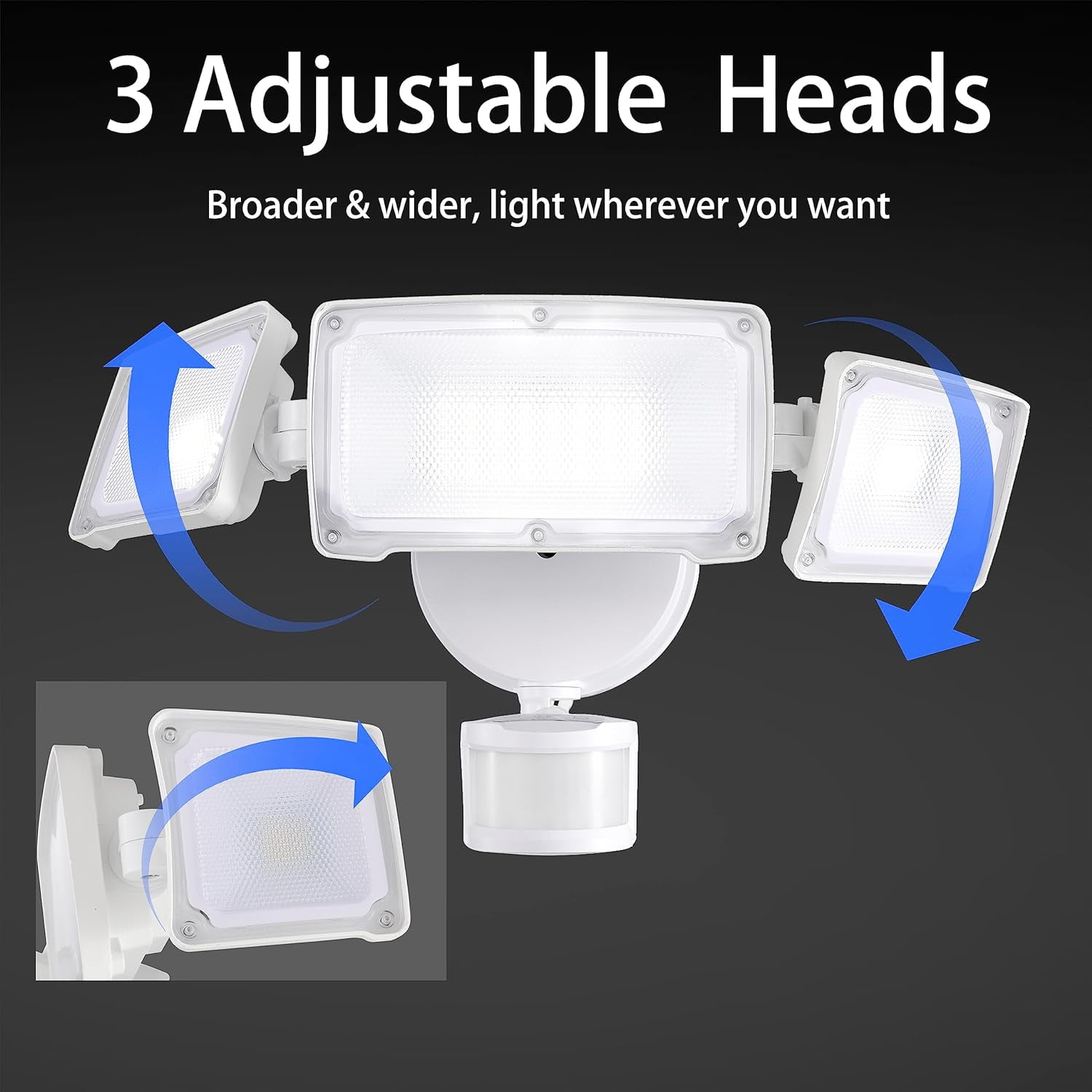 Upgraded 3 Head LED Security Lights with Motion Sensor, 40W, 3800LM, Motion Security Light, 5000k, ETL Water Resistant, Motion Detected Flood Light for Garage, Yard, Porch (White)