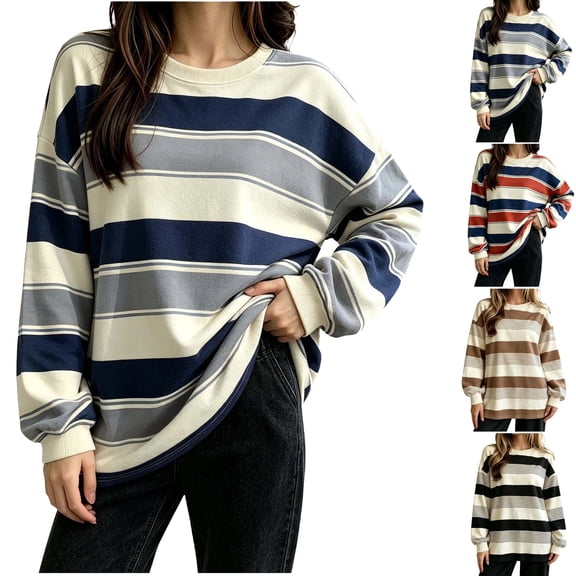 Women's Pajamas Relaxed Fit Striped Long Sleeve Crew Neck Pullover Top