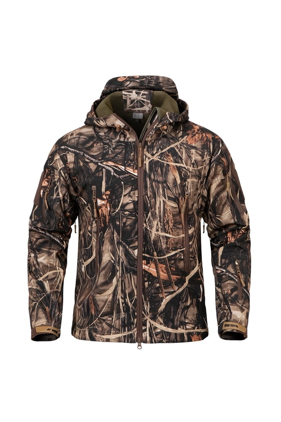 Men's Silent Softshell Hunting Jacket Fleece Lined Hooded Camo Water-resistant Outdoor Hiking Fishing Coat
