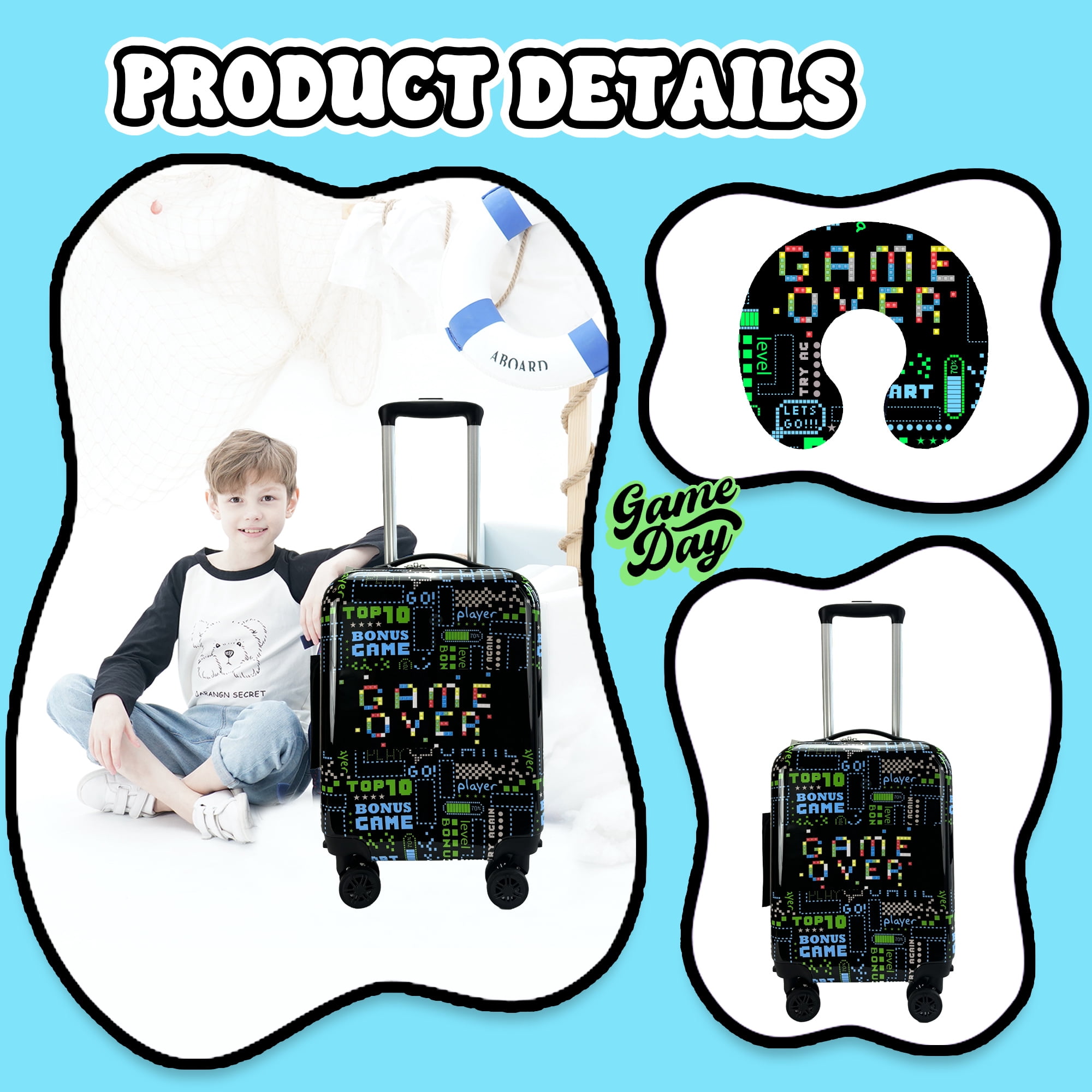 Kids Carry on Luggage Sets 2 Piece with Neck Pillow Airplane Suitcases for Boys with Wheels Hardshell Airline Approved 16 Inch