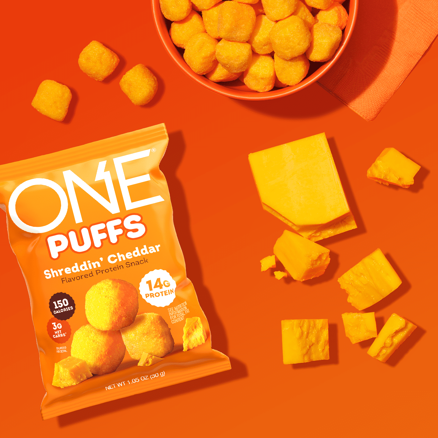 (4 pack) ONE Puffs Shreddin' Cheddar Protein Puff, 14g Protein, 1.05 oz
