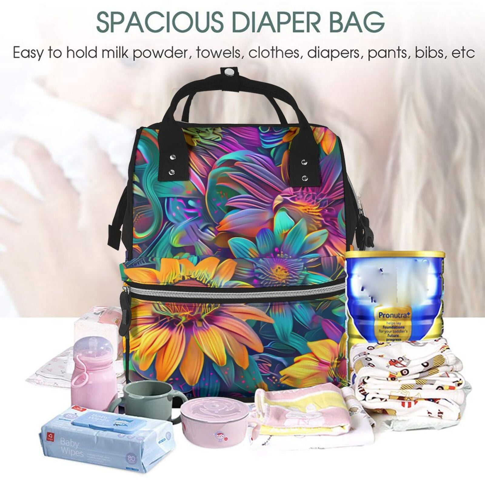 Fuzoiu Psychedelic Sunflowers Print Diaper Bag Backpack,Baby Essentials Travel Tote,Multi function Waterproof Diaper Bag, Travel Essentials Baby Bag - Unisex