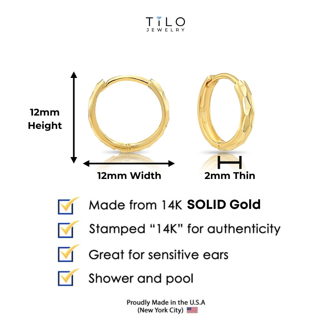 Tilo Jewelry 14K Yellow Gold Round Huggie Hoop Earrings with Diamond-Cut Engraving | 12mm Small | Dainty Everyday Earrings for Women, Men, Unisex