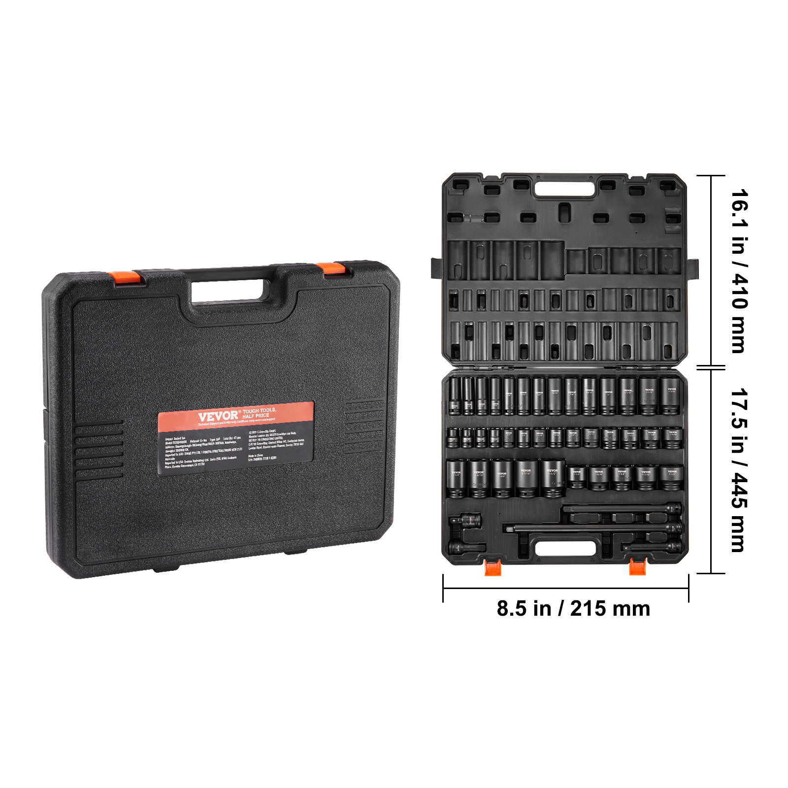 VEVOR 1/2" Drive Impact Socket Set, 43 Piece Deep & Shallow Socket Set SAE 3/8" to 1-1/2", 6 Point Cr-Mo Alloy Steel for Auto Repair, Easy-to-Read Size Markings, Rugged Construction, Storage Case