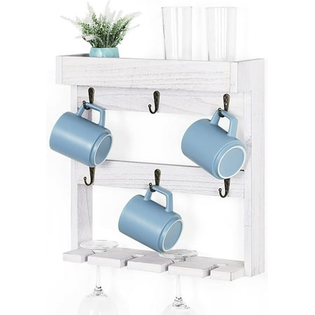 Oumilen Wall Mounted Wine Glass and Coffee Mug Storage Rack Shelf with 6 Metal Hooks Gray White