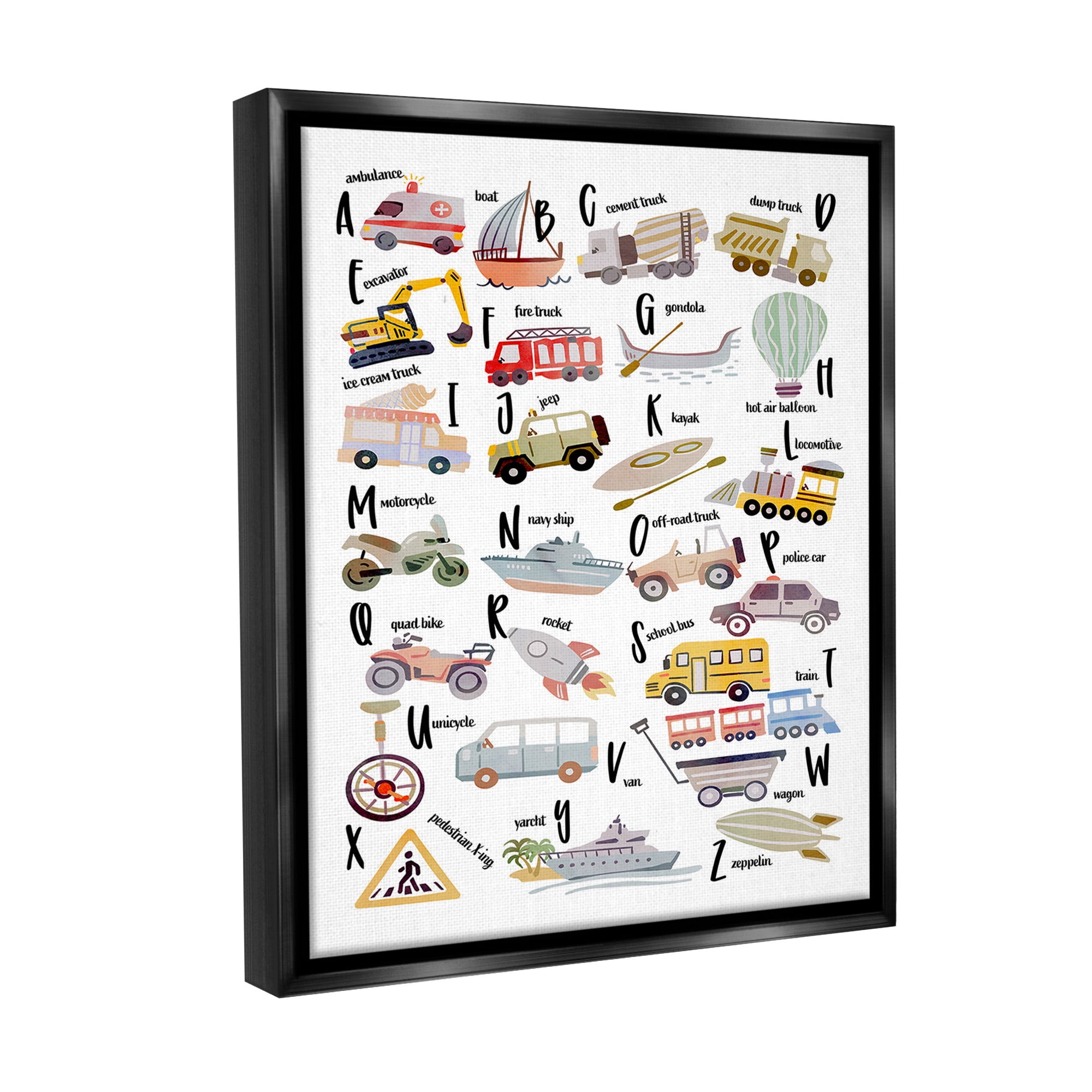 Stupell Industries Educational Automobile Alphabet Transportation Painting Black Floater Framed Canvas Art Print Wall Art, 17 x 21