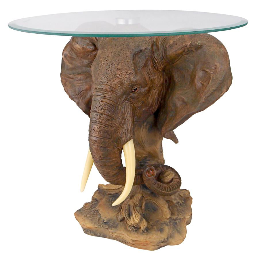 African Plains Animal Trophy Pachyderm Elephant Glass Top Side Occasional Table 