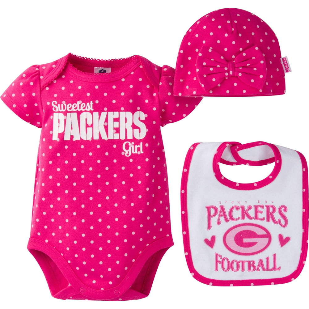 NFL NFL Green Bay Packers Baby Girls Bodysuit, Bib and Cap Outfit Set