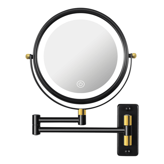 8.6" Wall Mounted Makeup Mirror with LED Lights, Double Sided 1X/10X Magnifying Mirror, 360 ° Swivel Bathroom Vanity Mirror with Extension Arm, Built-in Battery, Black Gold