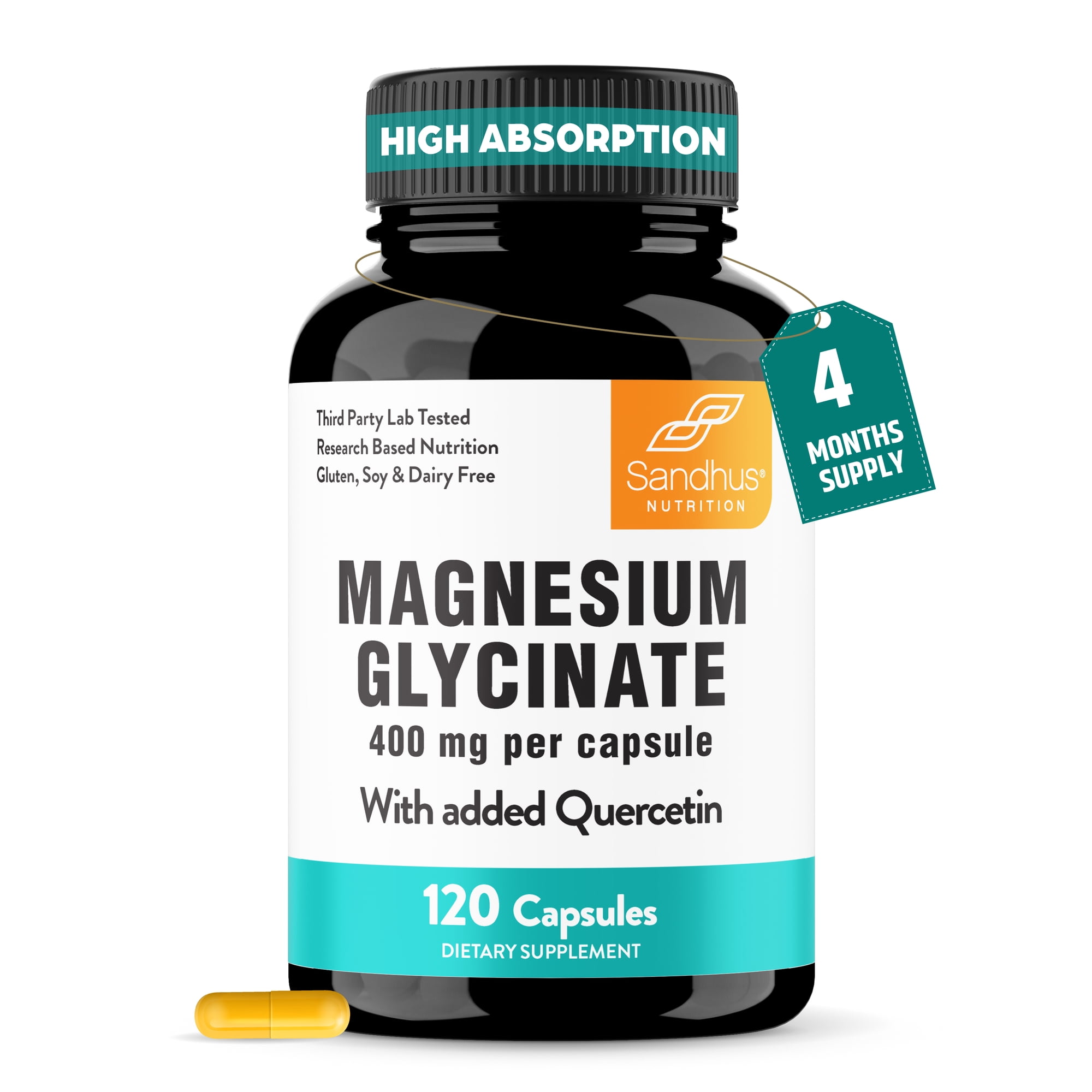 Magnesium Glycinate 400mg High Absorption Capsules with Quercetin | Quality Sleep Relaxation & Muscle Health Supplement for Women and Men | Chelated Magnesium 120 Count (Pack of 1) | Easy to Swallow