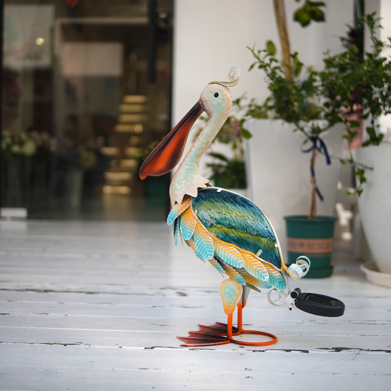 HONGLAND Solar Metal Pelican Garden Statue, 3D Glass Outdoor Pelican Yard Art for Porch Patio,Easy Assemble-19 inch