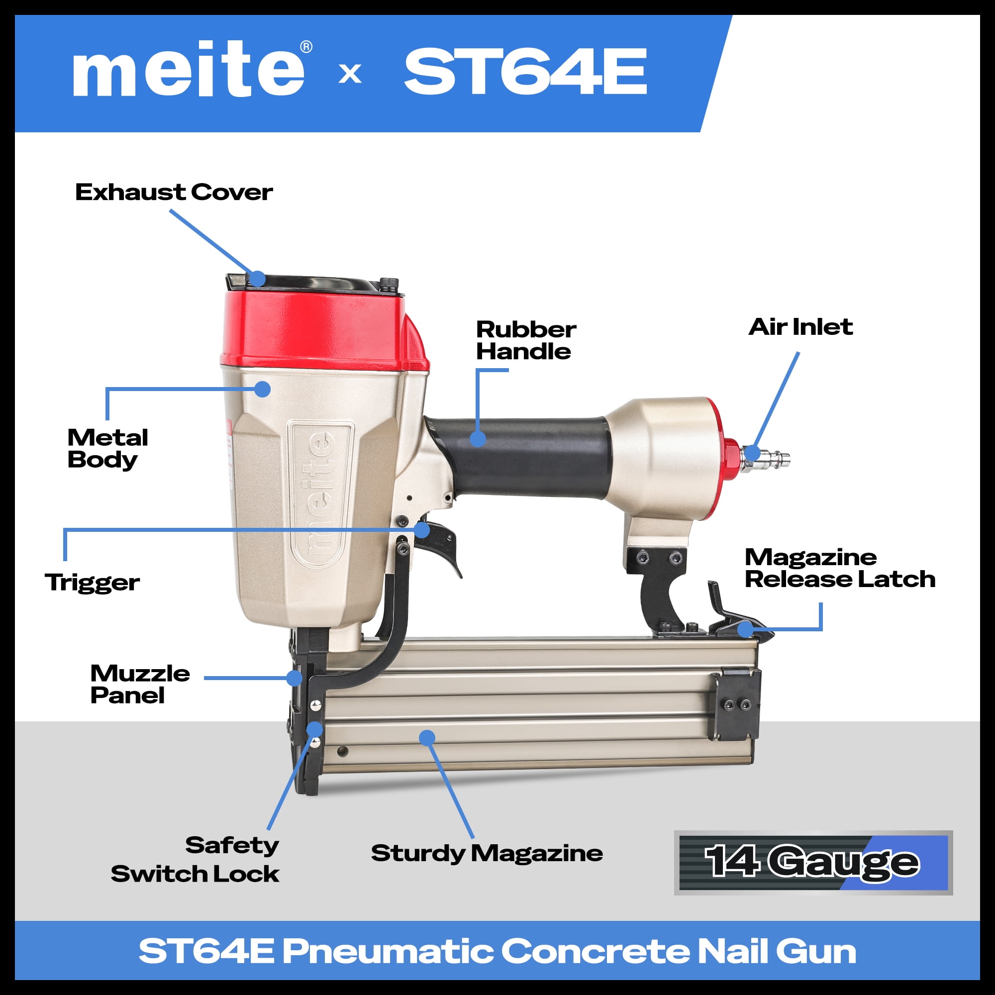 Meite ST64E 14 Gauge  Heavy Duty 3/4" to 2-1/2"Length Pneumatic Concrete T Nailer with 400 PCS Staples