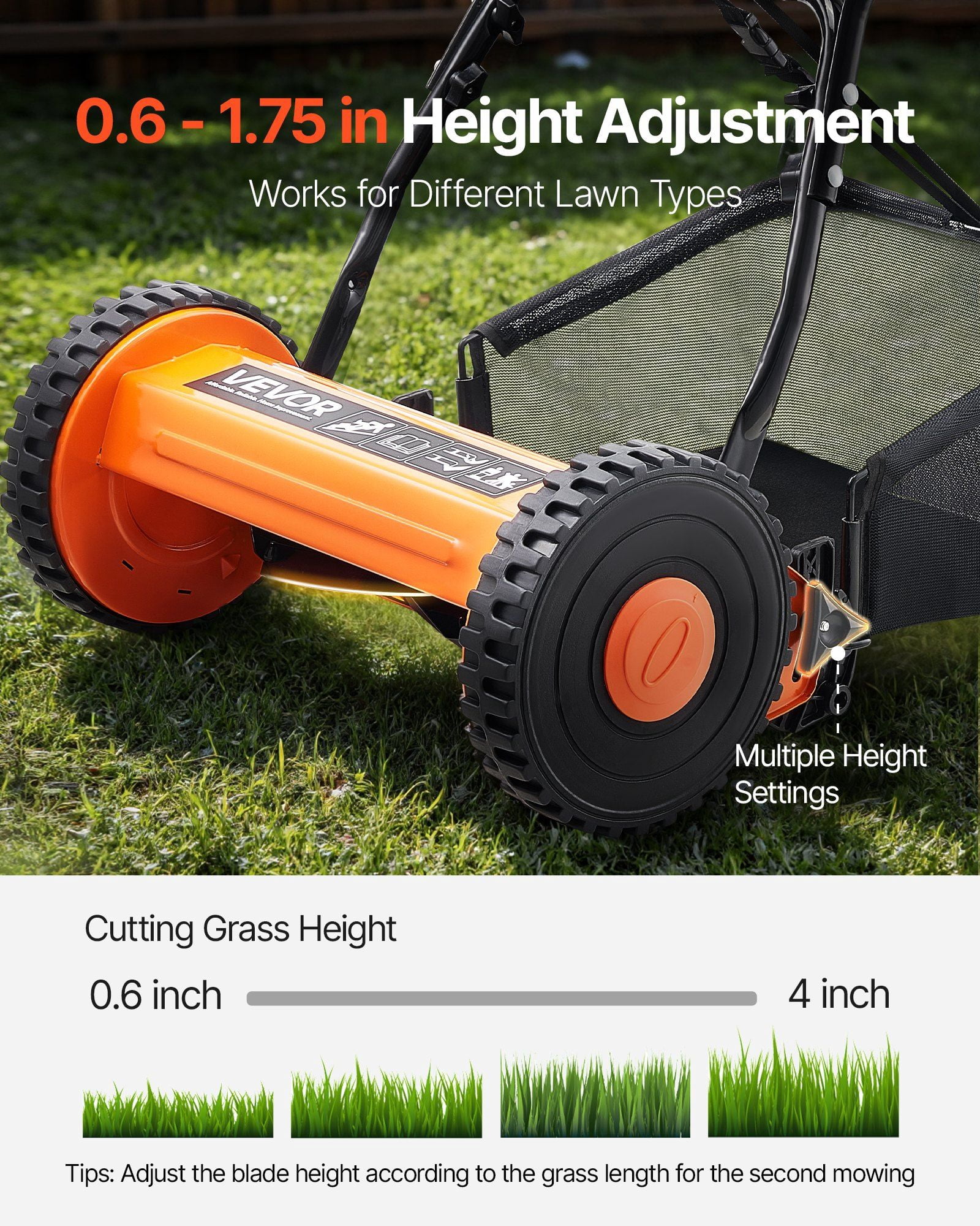 16" Manual Push Reel Lawn Mower 5-Blade Adjustable Height Grass Catcher 2 Wheels