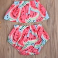 thumbnail image 6 of Bagilaanoe 3pcs Newborn Baby Girl Short Pants Set Watermelon Print Off Shoulder Crop Tops + Shorts Bottom + Headband 6M 12M 18M 24M Infant Casual Summer Outfits, 6 of 8