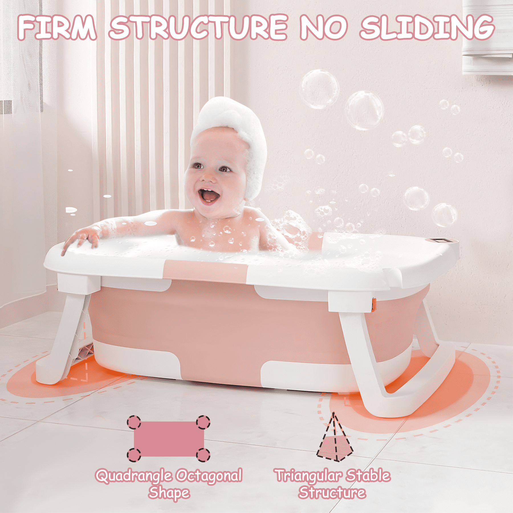 Baby Bathtub, Collapsible Newborn Bathtub for Infant to Toddler 0-36 Months with Soft Cushion+Baby Tub Sling and Thermometer, Portable Travel Bathtub, Foldable Infant Bathtub with No-Slip Feet, Pink
