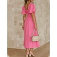 thumbnail image 4 of Faithtur Robe Longue Décontractée d'Été pour Femmes Couleur Unie Froncée Col en V Manches Courtes Mode Plage Vacances, 4 of 6