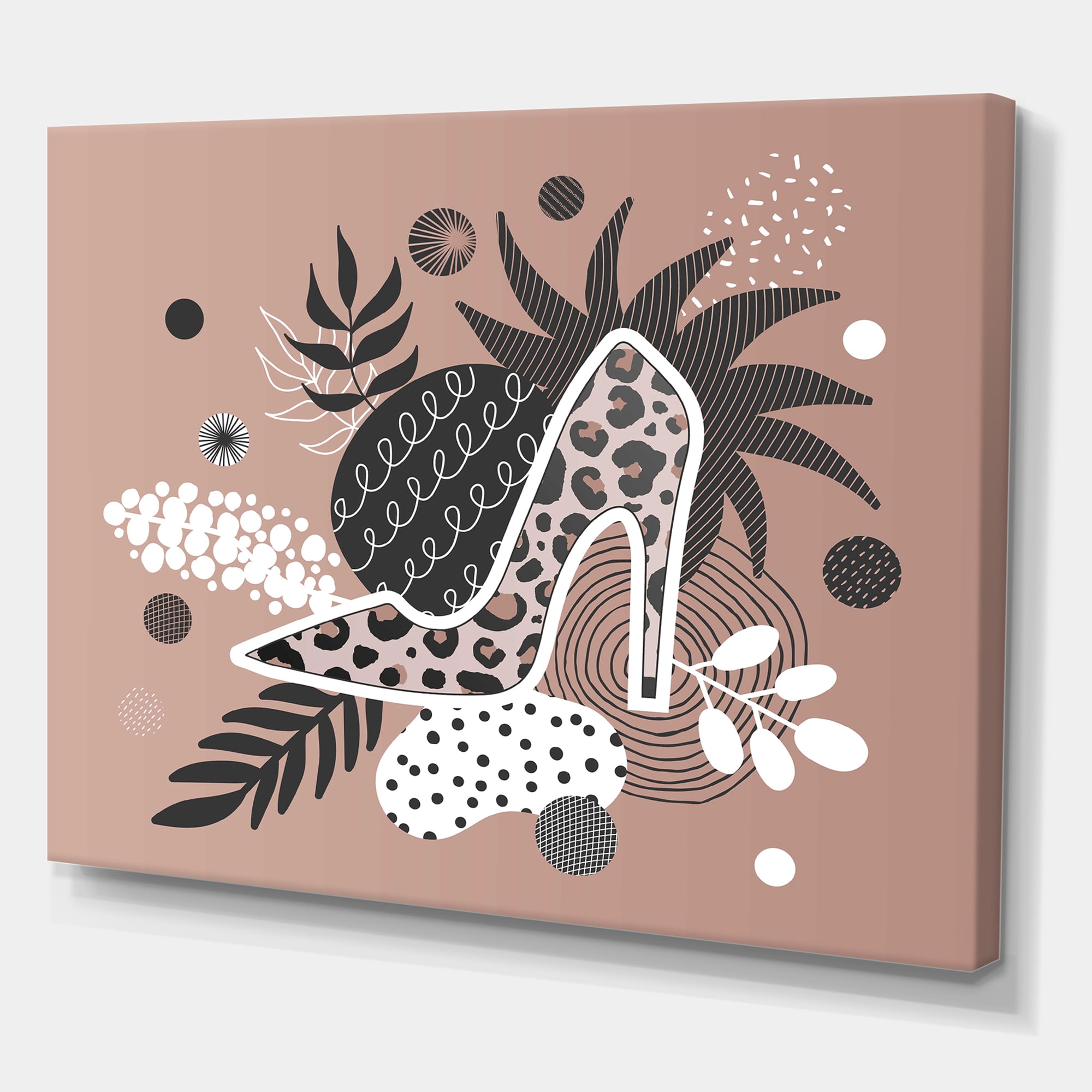 Leopard High-Heeled Shoes On Tropical Leaves 32 in x 16 in Photography Canvas Art Print, by Designart