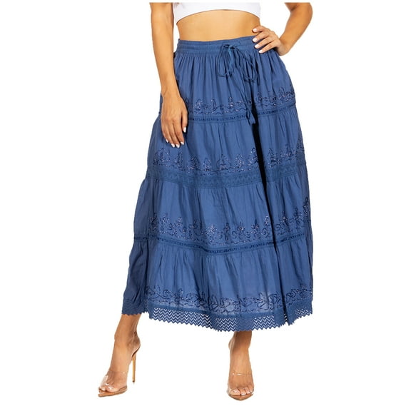 Sakkas Solid Embroidered Crochet Lace Trim Gypsy Bohemian Mid Length Cotton Skirt - Blue - One Size