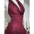 thumbnail image 4 of Burgundy Metallic Glitter Draped Neck Backless Ruffle Hem Bodycon Mini Dress For Women, 4 of 8