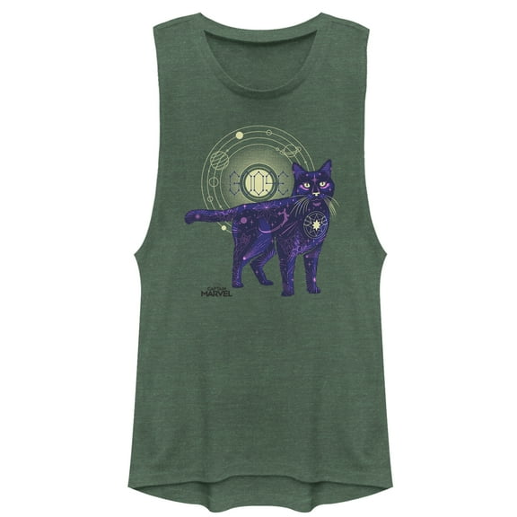 Junior's Marvel Captain Marvel Celestial Goose Cat  Festival Muscle Graphic Tee Pine Green Heather Small