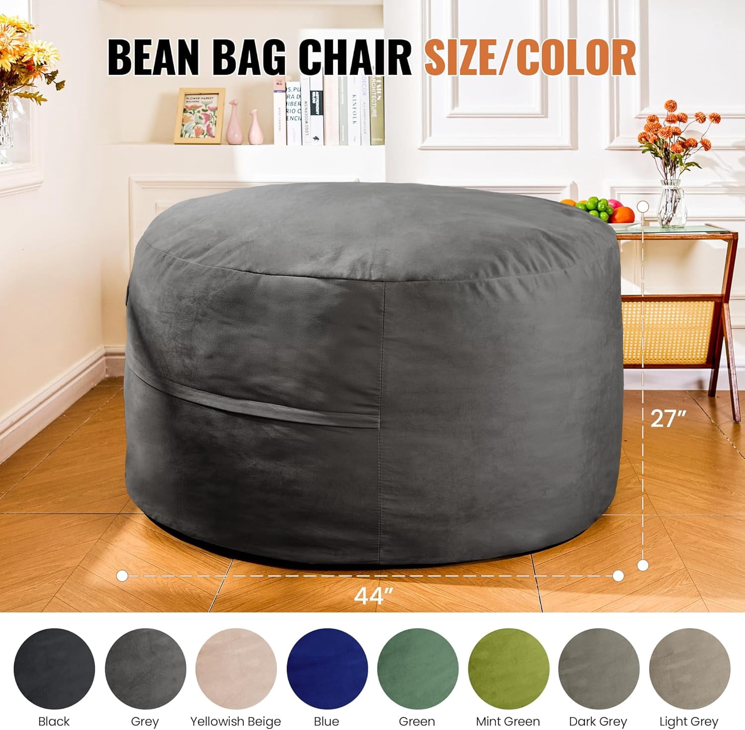 Baxluxe 4FT Bean Bag Chair: Bean Bag with Velvet Cover, Fluffy and Comfy Bean Bag Chairs for Adults and Kids, Bean Bag Sofa Filled with High-Density Sponge for Gaming (Grey)