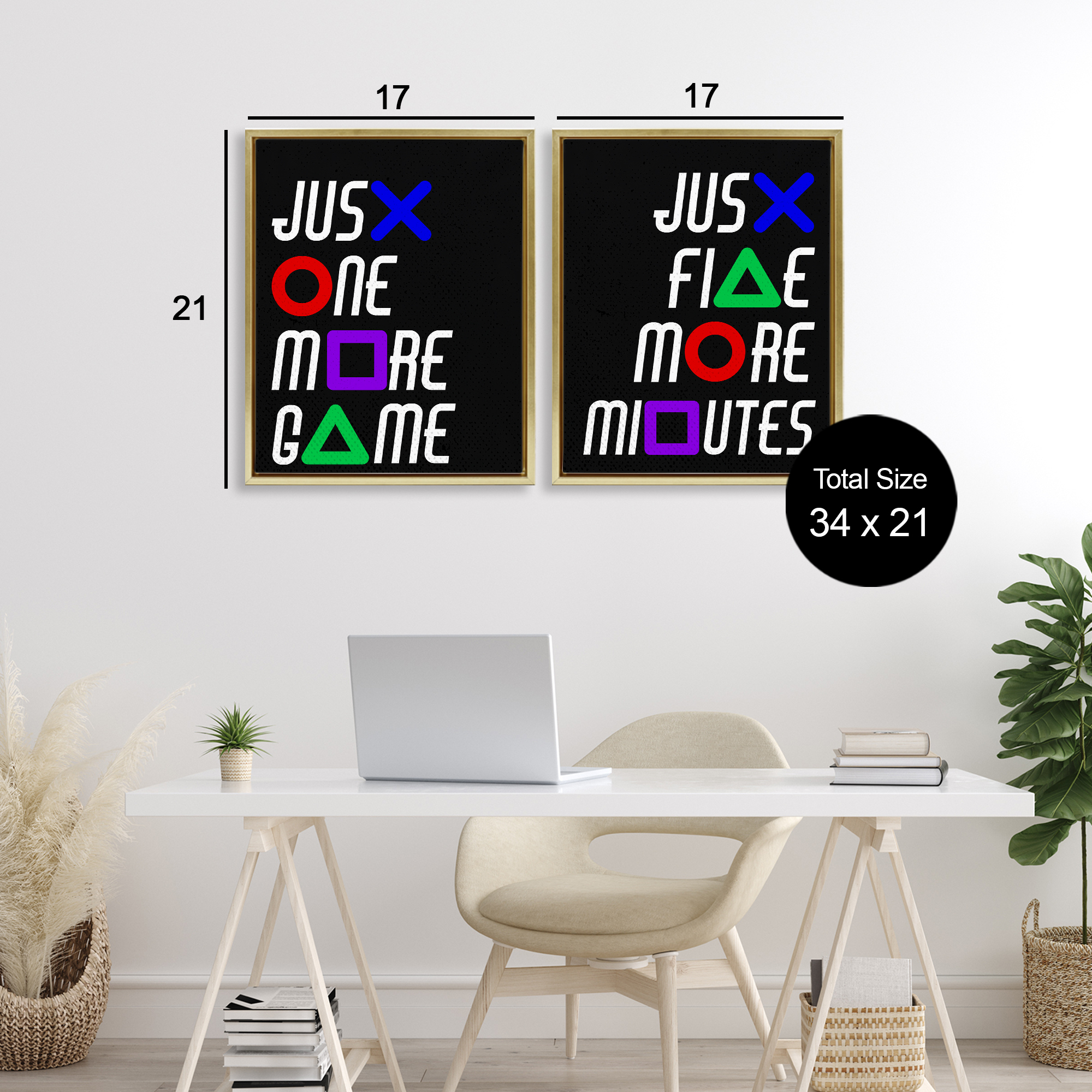 Gamer Button Symbols Phrases 2 Piece Gold Framed Floater Canvas Set, design by Kim Allen