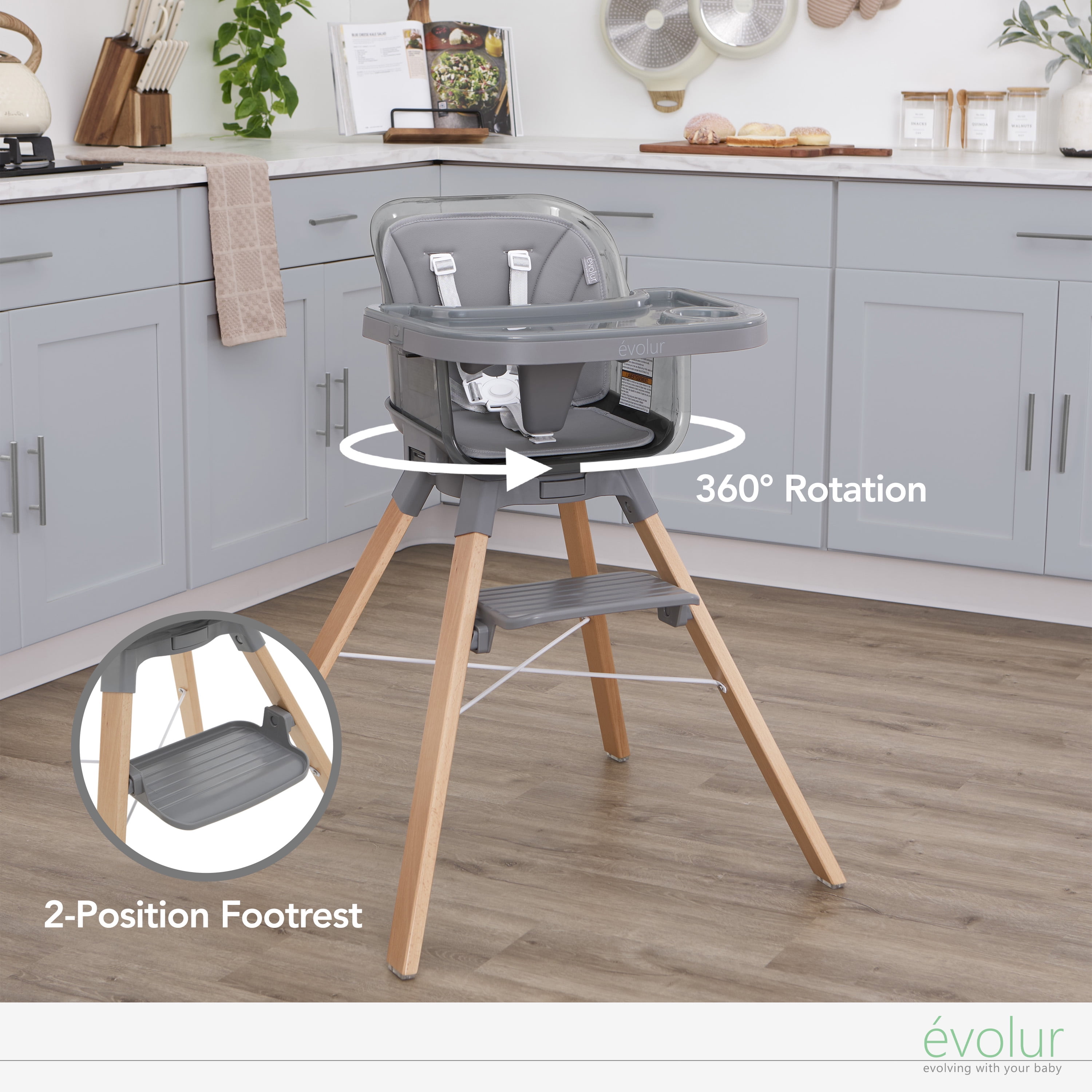 Evolur Bloom High Chair Storm Gray, 360° Rotating Seat, Easily Converts to Adult Stool, Adjustable Foot Rest, Adjustable & Removable Tray Baby High Chair