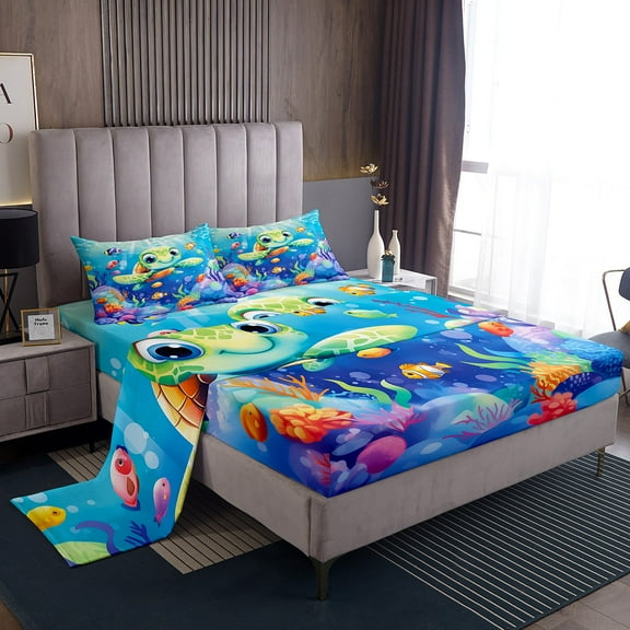 Erosebridal Sea Turtle Sheet Set Twin,Sea Animal Bedding Sets Twin Size,Teenager Bedroom Decor,Breathable,3pcs