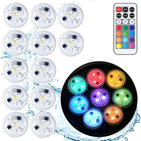HIBIBUD Submersible Led Lights with Remote,12 Pcs Rgbw Pool Light,Waterproof Pond Tea Light,Underwater Lights,Suitable for Vases,Fish Tanks,Hot Tubs,Parties,Wedding,Halloween,Christmas Decor