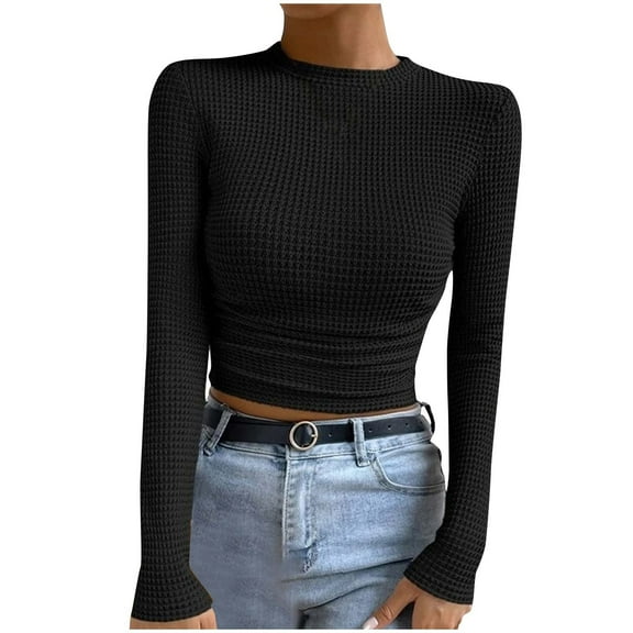 STETMN Women's Waffle Knit Tops Casual Crew Neck Fall Shirt Tight Comfy Crop Layer T-Shirt