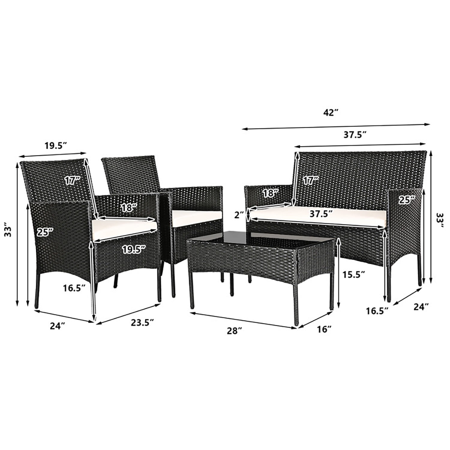 Aimee Lii 4 Pcs Patio Wicker Furniture Set, Cushioned Sofa Furniture, Small Patio Set, White Aimee Lii 4 Pcs Patio Wicker Furniture Set, Cushioned Sofa Furniture, Small Patio Set, White