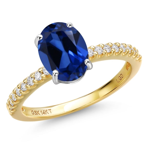 Gem Stone King 14K Two Tone Gold Blue Created Sapphire and Lab Grown Diamond Engagement Ring for Women | 2.46 Cttw | Oval 9X7MM | Gemstone September Birthstone | Size 6