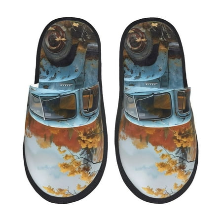 Balery Rustic Vintage Truck Autumn Slient Indoor Furry Fleece Comfort House Shoes Soft Non-Slip Home Shoes Cotton slippers House Slippers-- Large