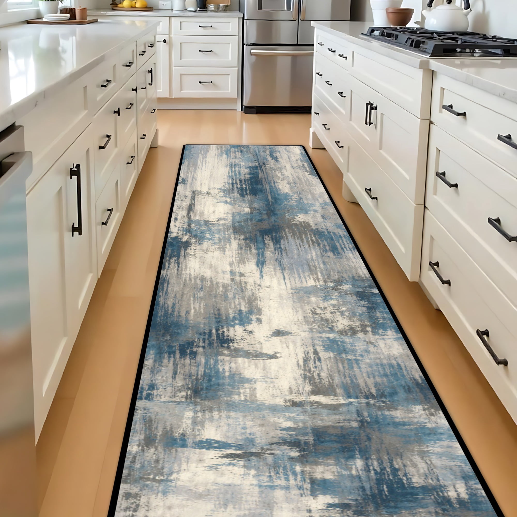 Blue Grey Abstract Brushstroke Hallway Runner Rug, 60x18 Inches Modern Textured Long Floor Mat, Non-Slip Washable Contemporary Art Rug for Entryway Kitchen