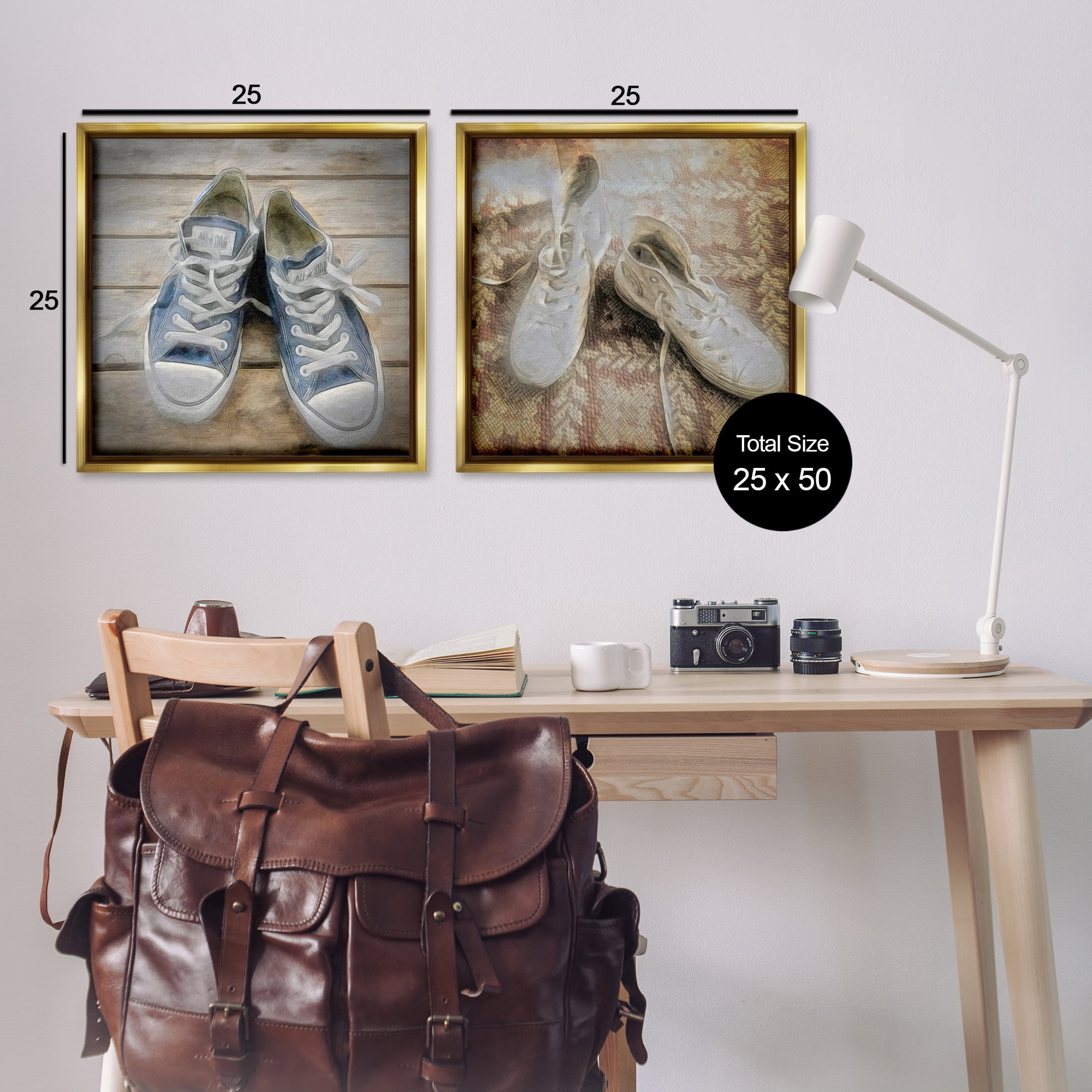 Stupell Industries Vintage Sneakers View Fashion Painting Gold Floater Framed Canvas Art Print Wall Art, 25 x 25, Set of 2
