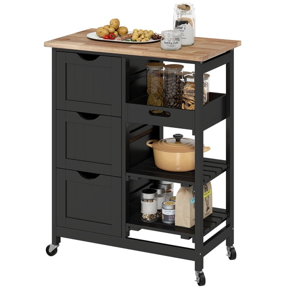 Rolling Kitchen Cart with Wood Top, Shelves, and Drawers