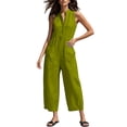 thumbnail image 3 of Cotton Jumpsuits for Women Round Neck Button Sleeveless Summer Rompers Casual Fashionable Solid Color Loose Wide Leg Jumpsuit with Pockets, 3 of 5