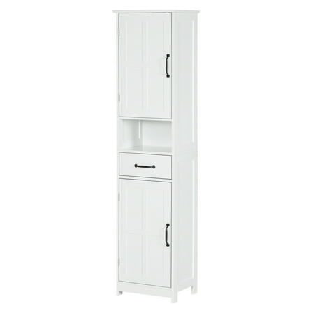 kleankin Slim Bathroom Storage Cabinet, Tall Bathroom Cabinet, Linen Tower with Open Shelf, Drawer, Recessed Doors, and Adjustable Shelves, White