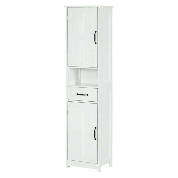 kleankin Slim Bathroom Storage Cabinet, Tall Bathroom Cabinet, Linen Tower with Open Shelf, Drawer, Recessed Doors, and Adjustable Shelves, White White   MDF