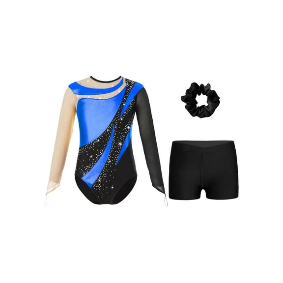 DPOIS Kids Girls Long Sleeve Gymnastics Leotard with Shorts Activewear Royal Blue 12