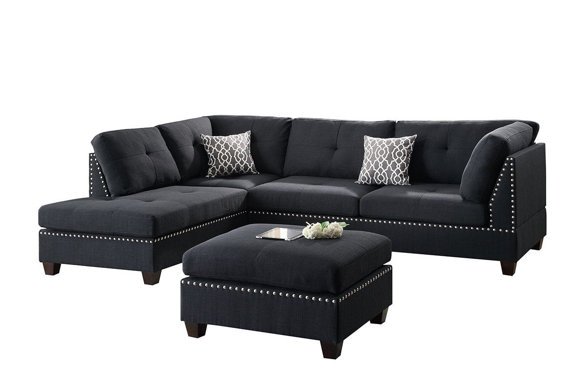 Black Polyfiber Fabric Left Or Right Hand Chaise Reversible Sectional Set With Ottoman