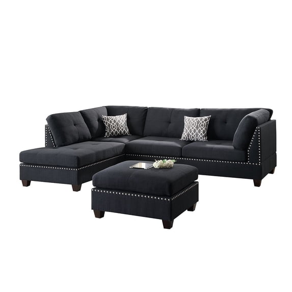 Black Polyfiber Fabric Left or Right Hand Chaise Reversible SECTIONAL Set with Ottoman
