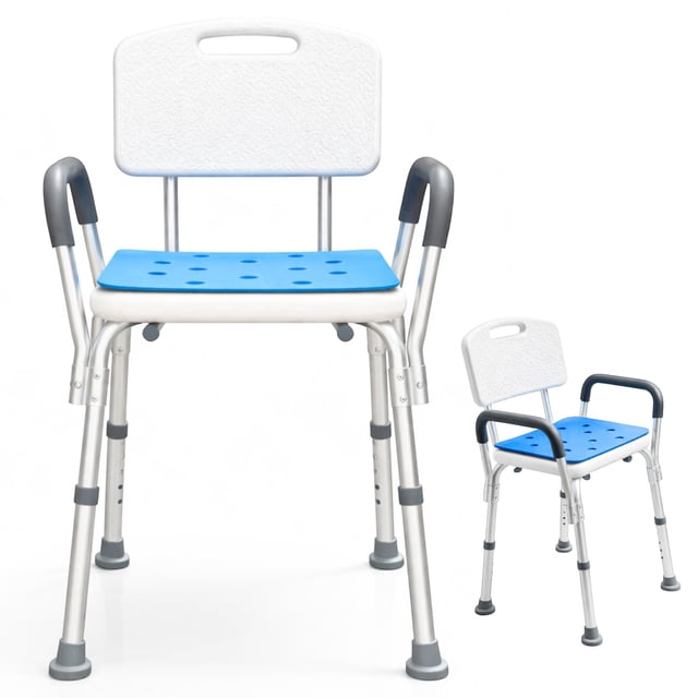 Seven Mine Silla para Baño Adulto Mayor 4 en 1 Antideslizante | Banco Ducha con Respaldo y Brazos Desmontables, Almohadilla Confortable, Altura Ajustable 43–56 cm, Aluminio Ligero Soporta 130 kg