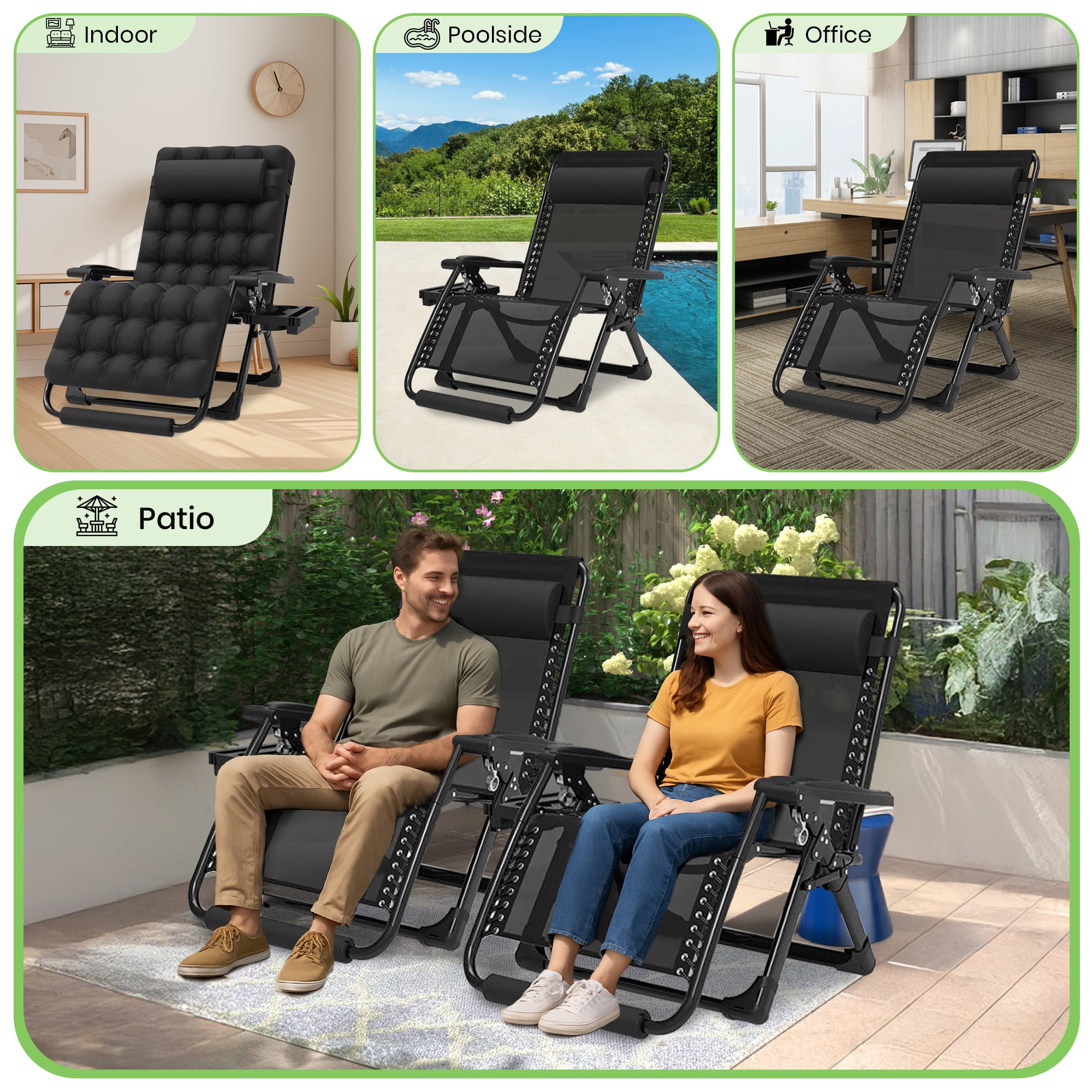 GVDV Oversized Zero Gravity Chair, 33In XXL Lounge Chair 500lbs Capcity with Removable Thick Cushion, Lawn Patio Reclining Chair Upgraded Alloy Lock and Cup Holder, for Indoor Outdoor, Black