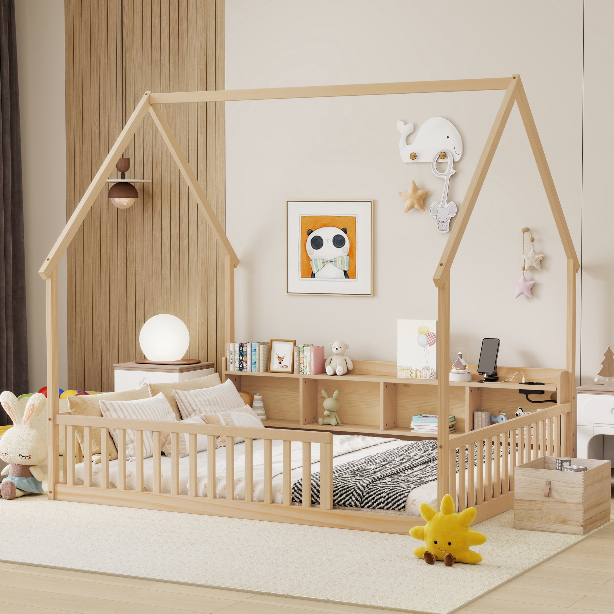 Leumius Full Size House Floor Bed with Storage Shelves,Built-in LED Lights & Charging Station,Pine Wood Floor Bed Frame with Safety Guardrails for Kids Bedroom Natural