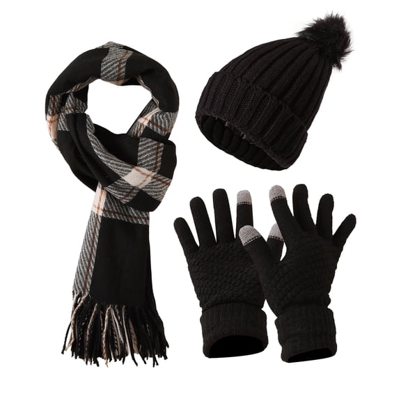 Women's Hat Gloves Scarf Set Winter Warm Knitted Hats Scarf Gloves 3PCS Set One Size Black