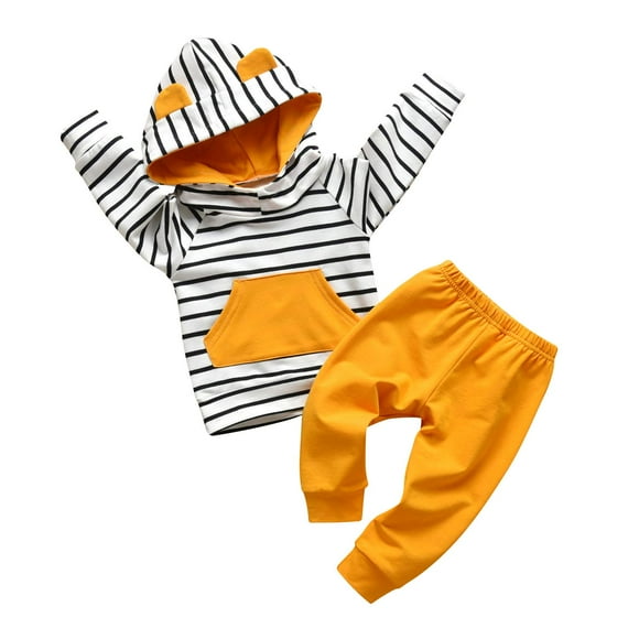 Rebey Toddler Infant Baby Boy Clothes Striped Long Sleeve Hoodie Tops Sweatsuit Pants Outfit Set (9-12 Months) Yellow