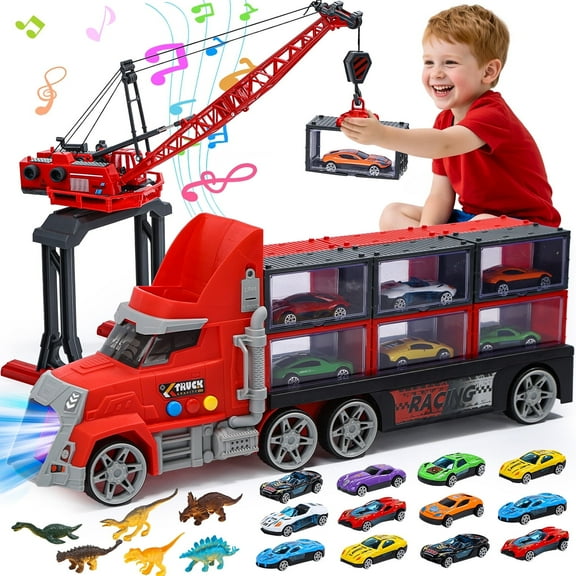 WonderStone 3-in-1 Large Fire Truck Toy with Lights & Sounds, 12 Containers and 12 Die-Cast Cars, 6 Dinosaur Toys, Crane Truck Toy for Boys Toddlers Ages 3-5