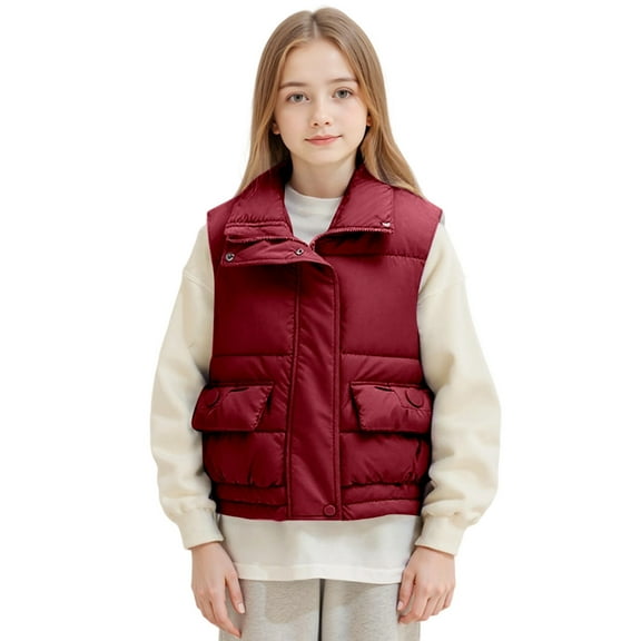 HNMKIU Girls Down Vest Padded Sleeveless Jacket Warm Quilted Winter Coat for Kids and Teens Outerwear Layer 7-16 Years Red,11-12 Years
