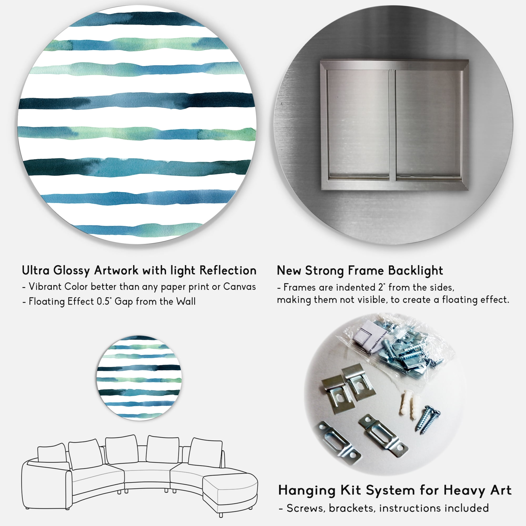 Designart 'Dark Blue Verticals Aquatic ' Modern Circle Metal Wall Art 11x11 - Disc of 11